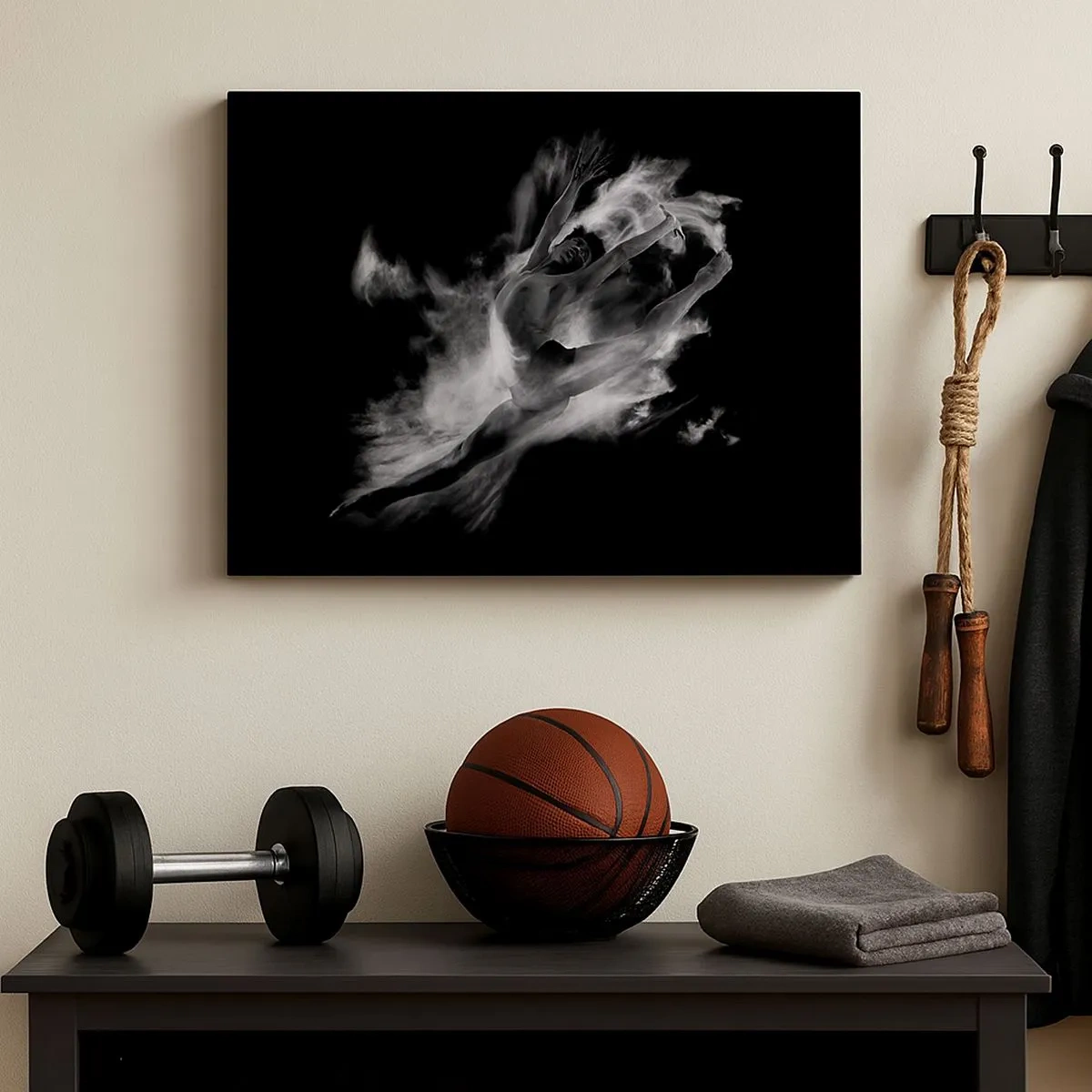 Tablou pe pânză Canvas - O dansatoare într-o poză dinamică pe un fundal negru - 70x50cm - Oprit în zbor - Decorațiune modernă pentru perete pentru living și dormitor ARTTOR