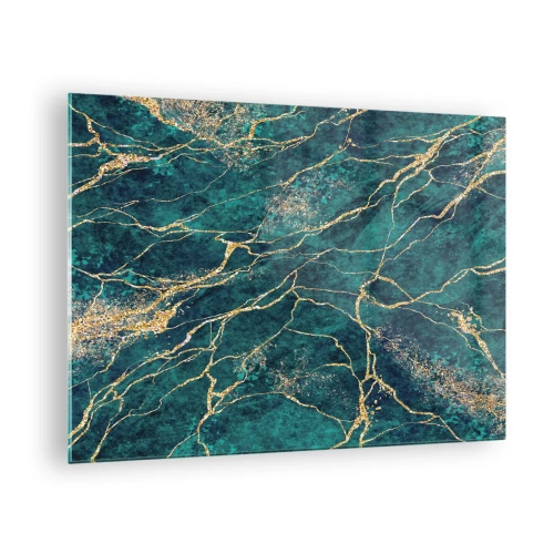 Tablou pe sticlă - Piatră marmorată cu vene aurii, nuanțe de turcoaz și verde - 70x50cm - Filon de aur - Decorațiune modernă pentru perete pentru living și dormitor ARTTOR
