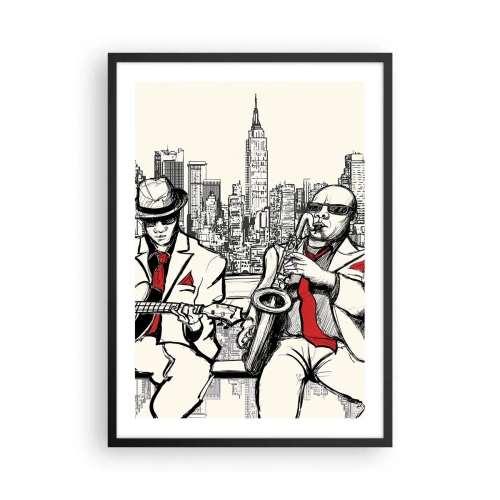 Poster în ramă neagră - Doi muzicieni de jazz pe fundalul orizontului orașului - 50x70cm - Improvizație la New York - Decorațiune modernă pentru perete pentru living și dormitor ARTTOR