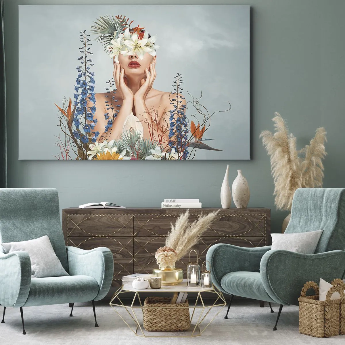 Tablou pe pânză Canvas - Portret de femeie cu motiv floral pe fundal albastru - 70x50cm - Femeia floare - Decorațiune modernă pentru perete pentru living și dormitor ARTTOR