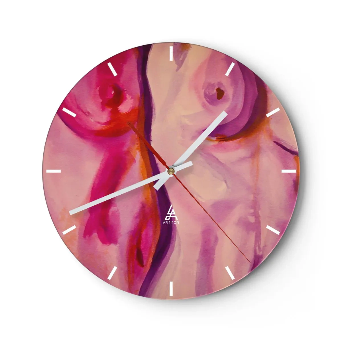 Ceas de perete - Ceas pe sticlă - Forme abstracte artistice în nuanțe de roz și roșu - 30x30cm - Oda feminității - Decorațiune modernă pentru perete pentru living, bucătărie și dormitor ARTTOR