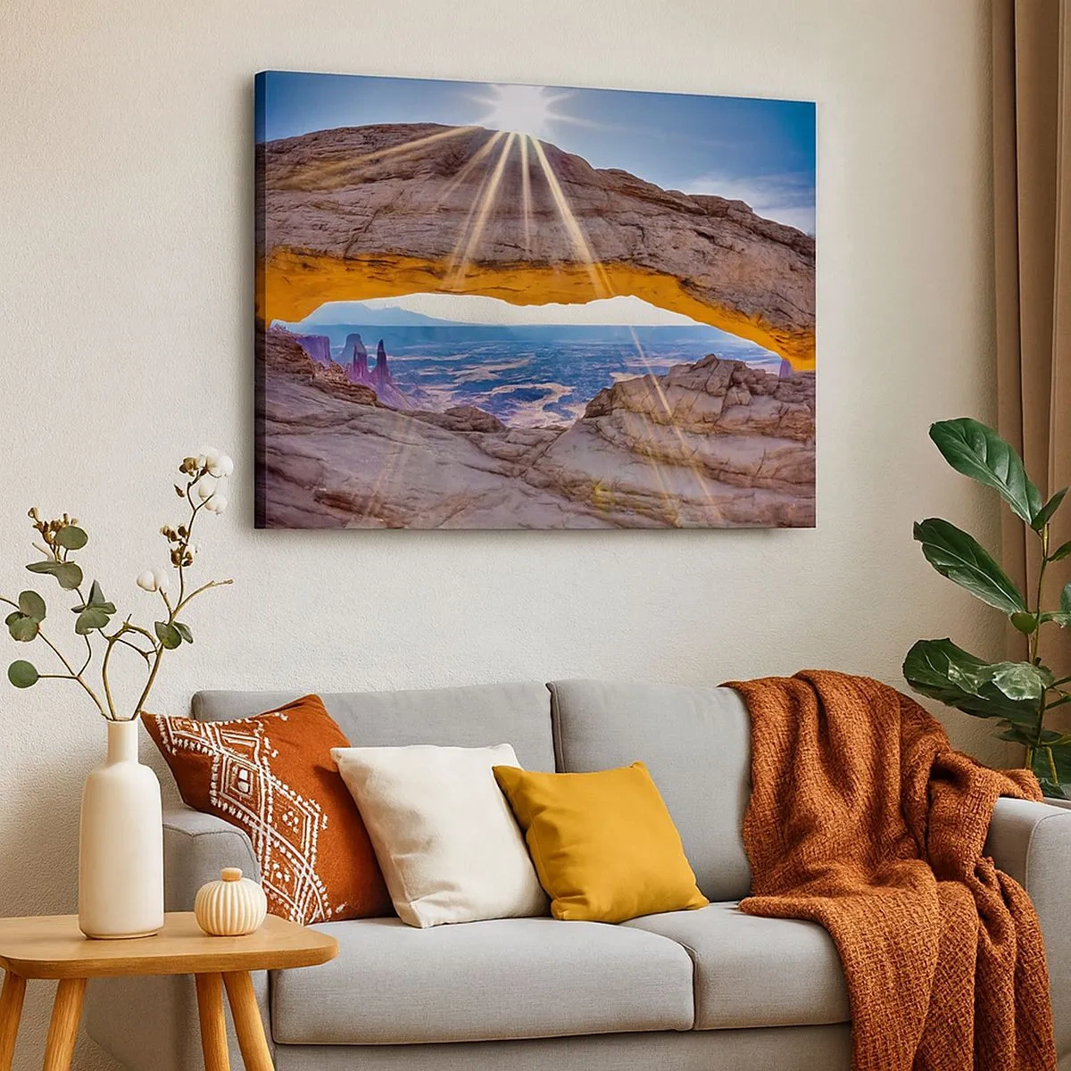 Tablou pe pânză Canvas - Arc de stâncă cu vedere la canion la răsărit - 70x50cm - Prin poarta de piatră - Decorațiune modernă pentru perete pentru living și dormitor ARTTOR