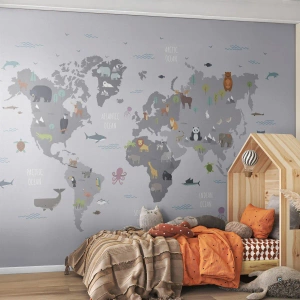 Tapet Premium Sand - Spune-mi de unde ești... - Harta lumii, Animale, Continente - 350x256 cm