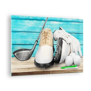 Tablou pe sticlă - Accesorii de golf pe un fundal de lemn - 70x50cm - Totul este gata - Decorațiune modernă pentru perete pentru living și dormitor ARTTOR