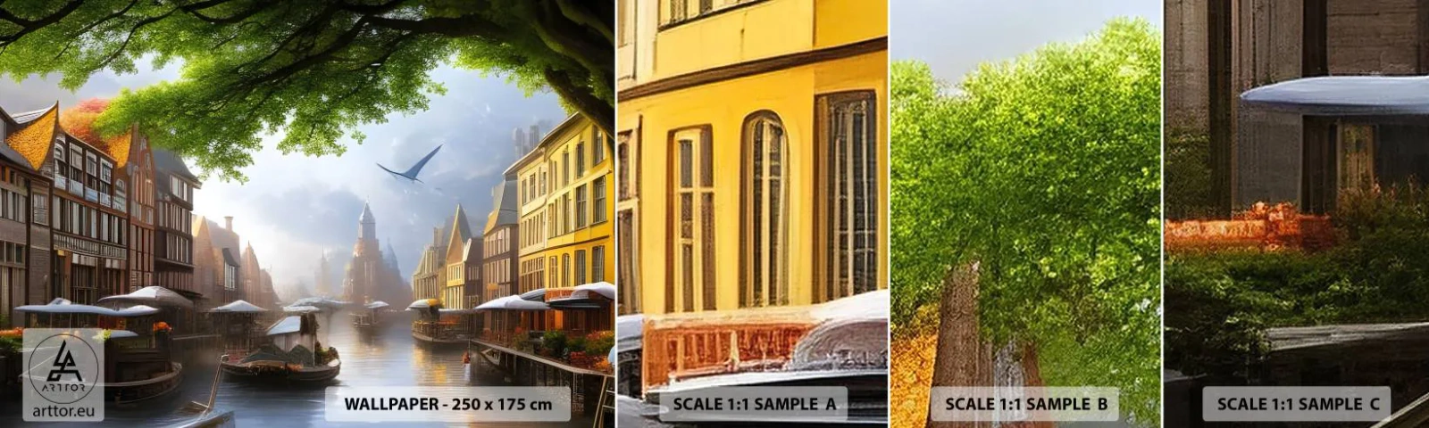 Mostră tapet autocolant Deluxe Sticker - Peisaj urban olandez - Oras vechi, Bărci, Canal - 100x30 cm