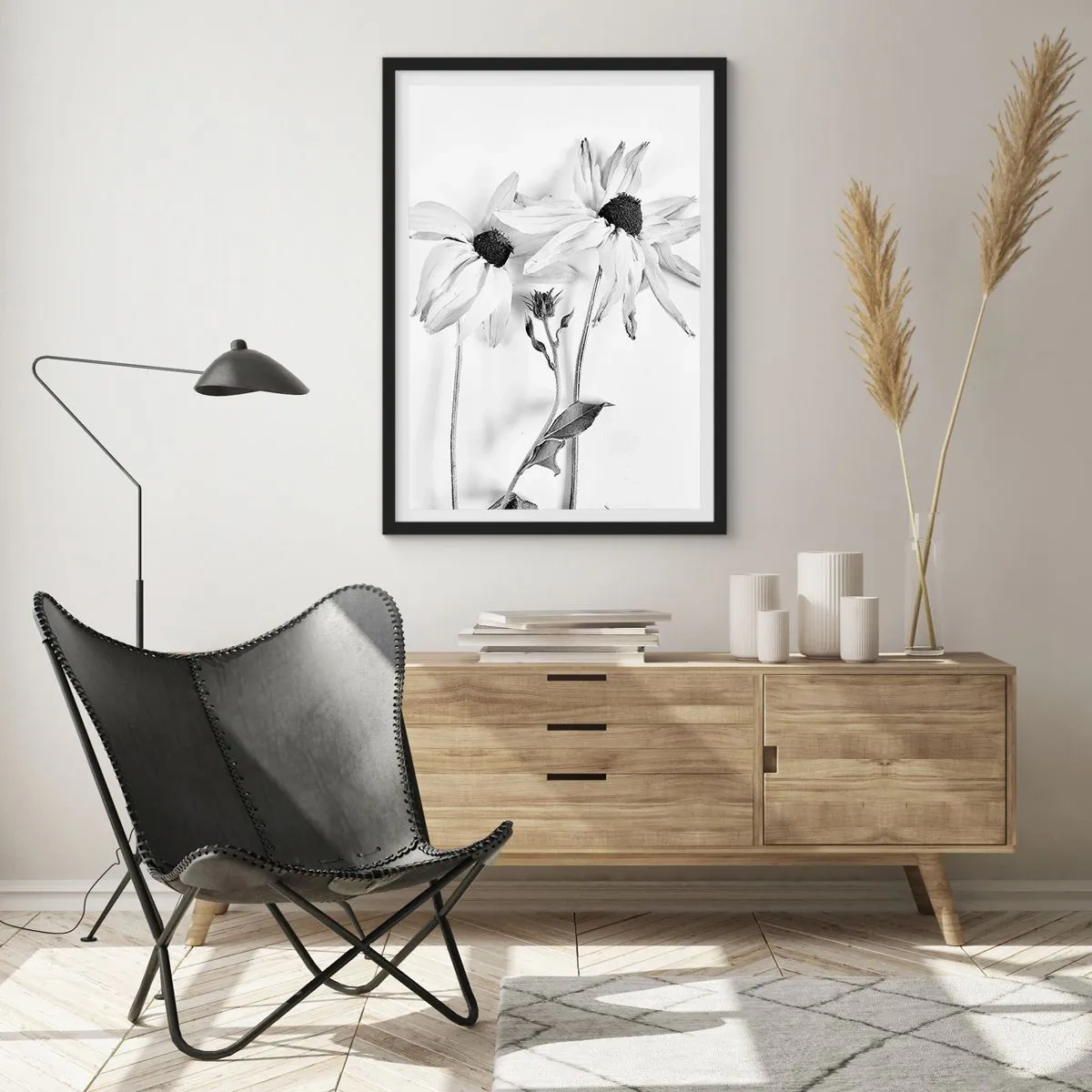Poster în ramă neagră - Flori alb-negre într-un stil minimalist pe un fundal deschis - 50x70cm - Nimeni nu vrea să fie singur - Decorațiune modernă pentru perete pentru living și dormitor ARTTOR