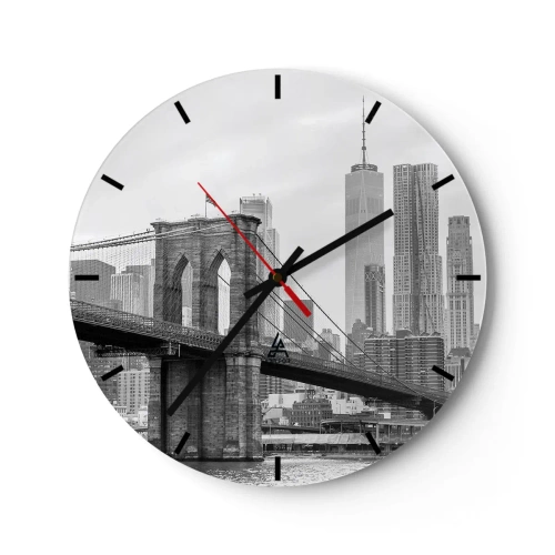 Ceas de perete - Ceas pe sticlă - Podul Brooklyn pe fundalul orizontului orașului în alb și negru - 30x30cm - New York vibes - Decorațiune modernă pentru perete pentru living, bucătărie și dormitor ARTTOR