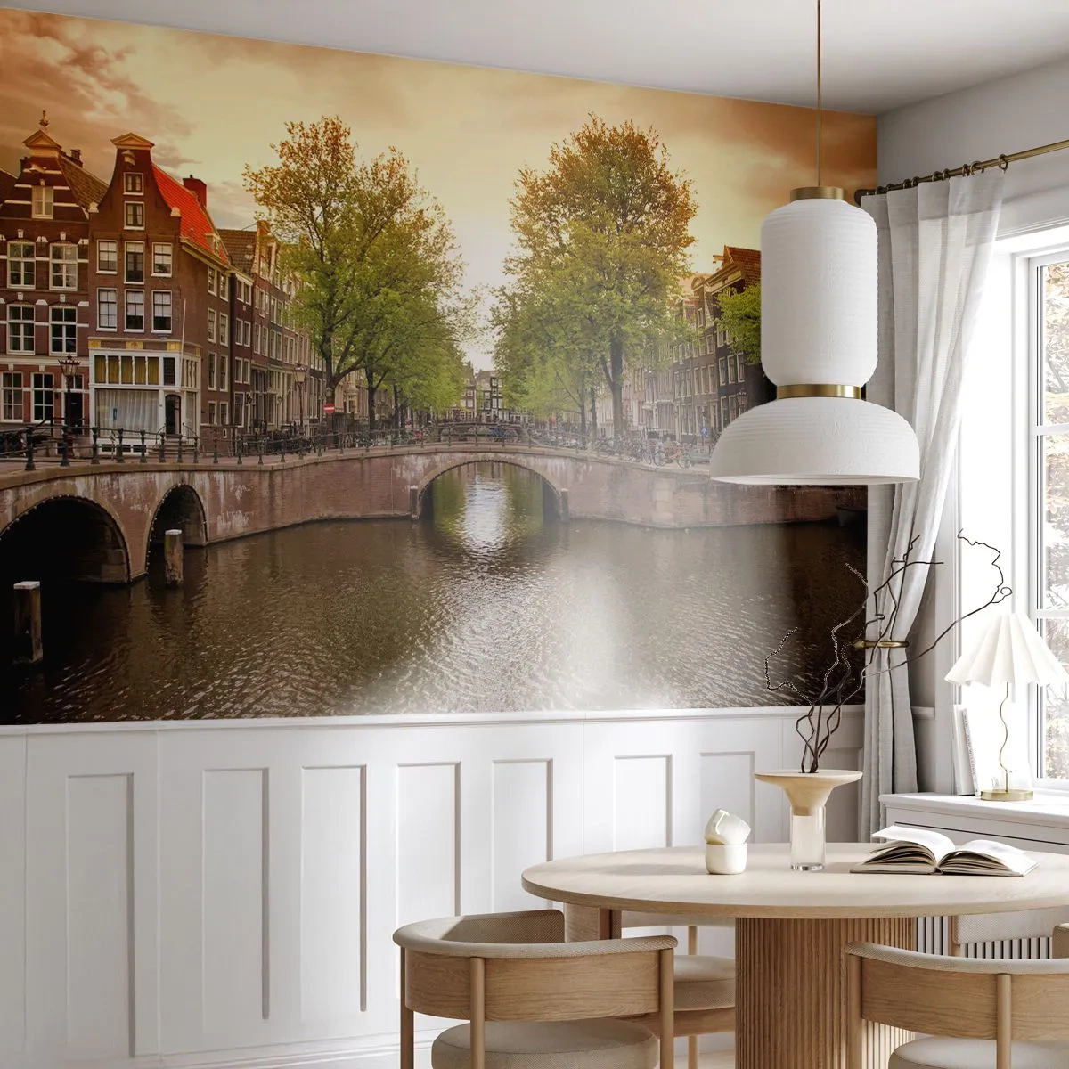 Tapet Premium Canvas - Cu barca sau cu bicicleta? - Oraș, Amsterdam, Boat Bridge Canal - 350x256 cm