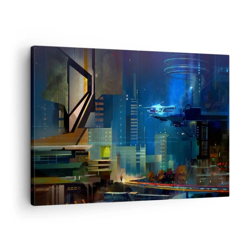 Tablou pe pânză Canvas - Oraș futurist noaptea cu lumini de neon și un vehicul zburător - 70x50cm - În viitorul apropiat - Decorațiune modernă pentru perete pentru living și dormitor ARTTOR