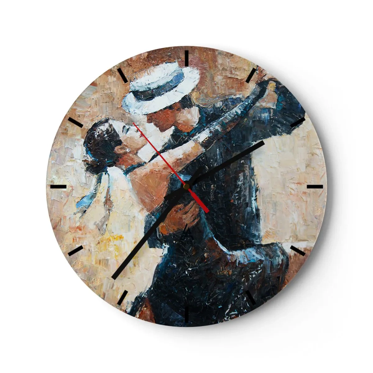 Ceas de perete - Ceas pe sticlă - Un cuplu dansând în ținute elegante, cu o pălărie și o poză dinamică - 30x30cm - A la Rudolf Valentino - Decorațiune modernă pentru perete pentru living, bucătărie și dormitor ARTTOR