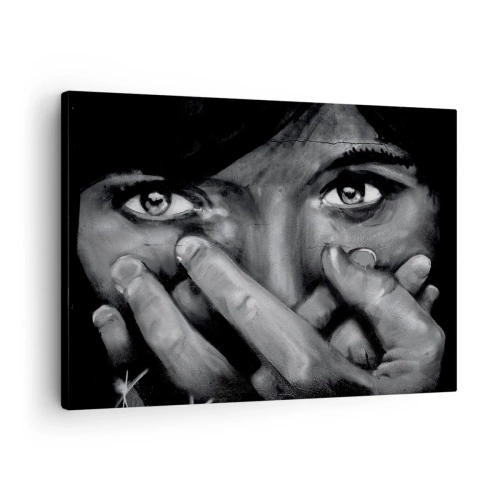 Tablou pe pânză Canvas - Portret alb-negru al unei femei care își acoperă fața cu mâinile. - 70x50cm - Nu spun cine le-a pictat - Decorațiune modernă pentru perete pentru living și dormitor ARTTOR