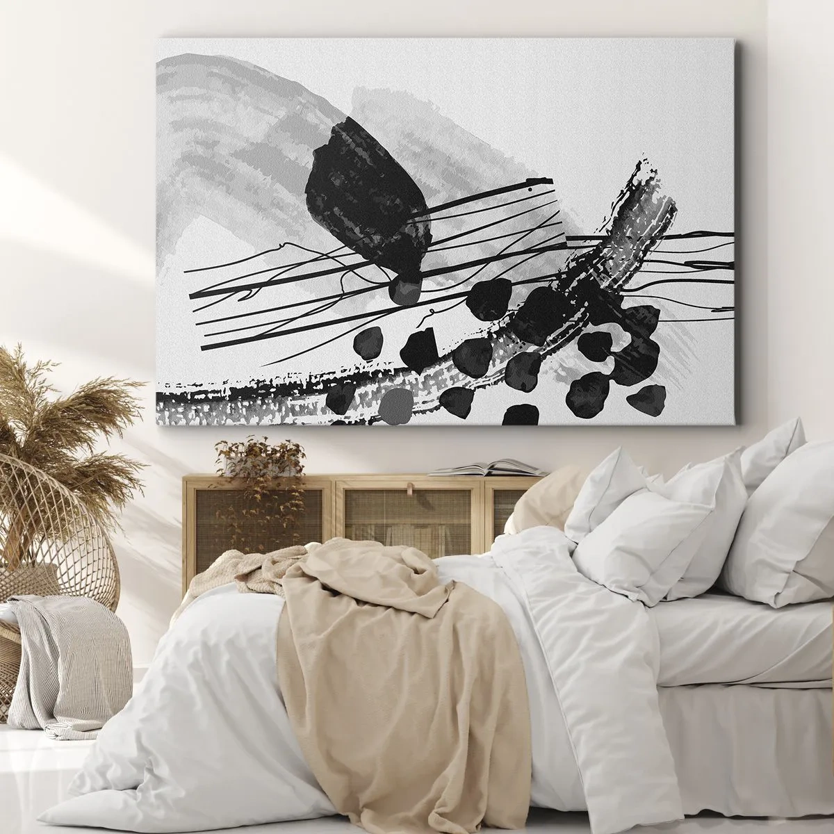 Tablou pe pânză Canvas - Compoziție abstractă alb-negru cu forme organice - 70x50cm - Abstracție organică în negru și alb - Decorațiune modernă pentru perete pentru living și dormitor ARTTOR