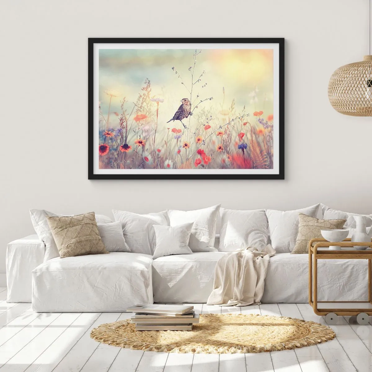 Poster în ramă neagră - Portret de pasăre cu o pajiște în fundal - 40x30 cm