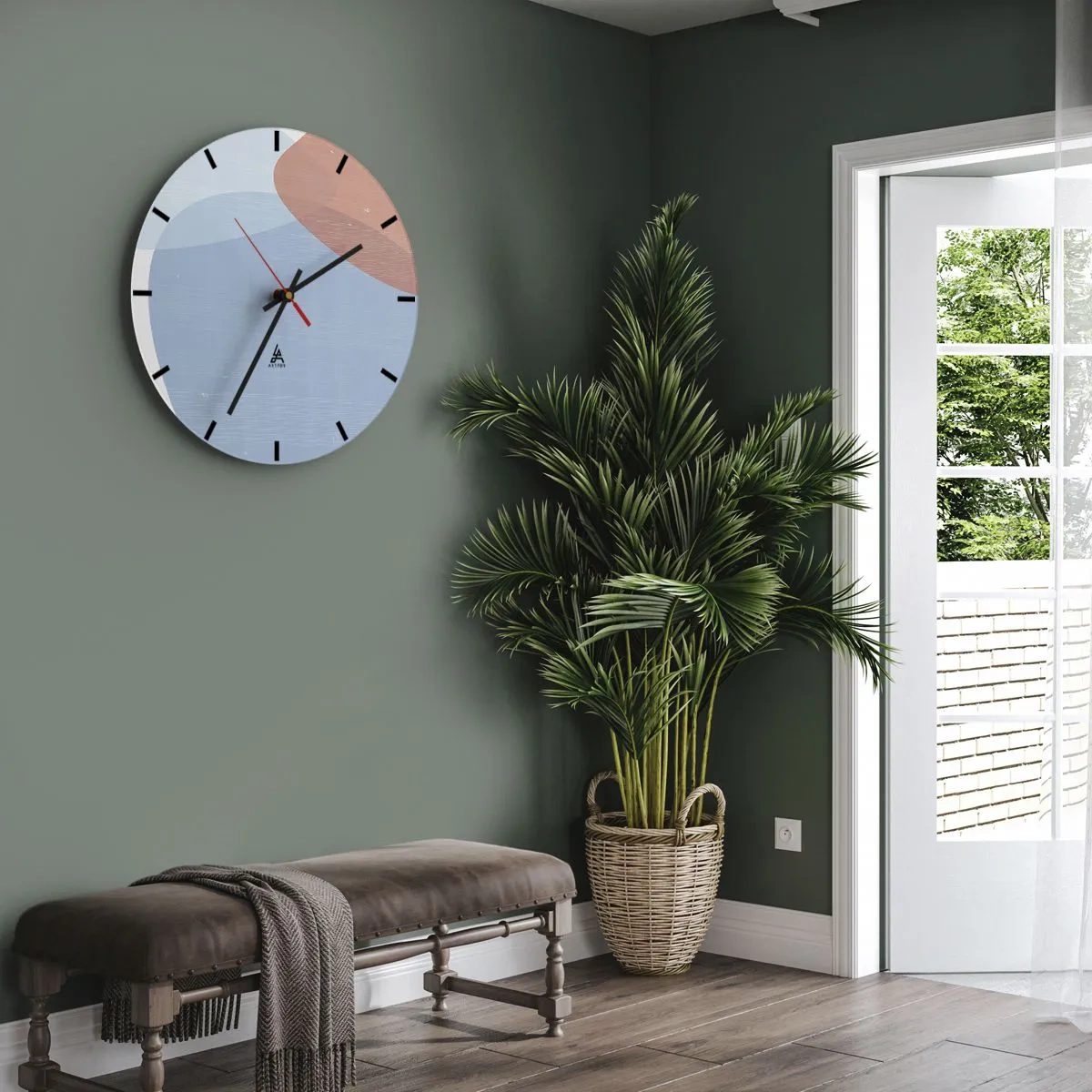 Ceas de perete - Ceas pe sticlă - O formă abstractă în albastru și teracotă pe un fundal deschis. - 30x30cm - Relații pastelate - Decorațiune modernă pentru perete pentru living, bucătărie și dormitor ARTTOR