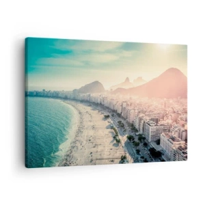 Tablou pe pânză Canvas - Panoramă a plajei Copacabana cu munții în fundal în Rio de Janeiro - 70x50cm - Vacanță perpetuă în Rio - Decorațiune modernă pentru perete pentru living și dormitor ARTTOR