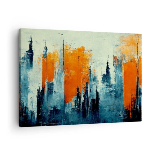 Tablou pe pânză Canvas - peisaj urban abstract în nuanțe de portocaliu și albastru - 70x50cm - Peisaj modern - Decorațiune modernă pentru perete pentru living și dormitor ARTTOR