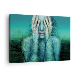Tablou pe pânză Canvas - Figură feminină cu motiv de copac pe un fundal turcoaz - 70x50cm - Scufundată în albastru - Decorațiune modernă pentru perete pentru living și dormitor ARTTOR