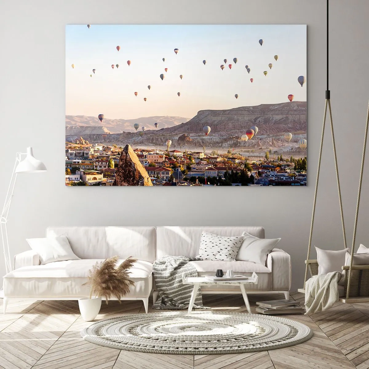 Tablou pe sticlă - Zbor cu balonul deasupra Cappadociei în lumina dimineții - 70x50cm - Ca niște nave pe cer - Decorațiune modernă pentru perete pentru living și dormitor ARTTOR