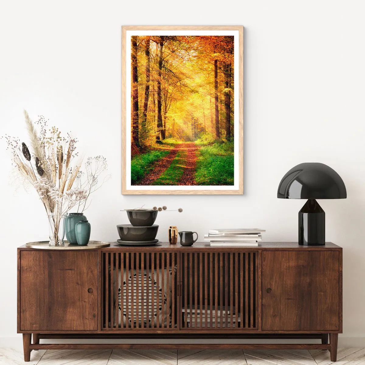 Poster în ramă de stejar deschis - Tăcere de aur de pădure - 50x70 cm