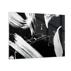 Tablou pe sticlă - Tușe albe de pensulă pe fundal negru - 70x50cm - Abisul întunericului - Decorațiune modernă pentru perete pentru living și dormitor ARTTOR