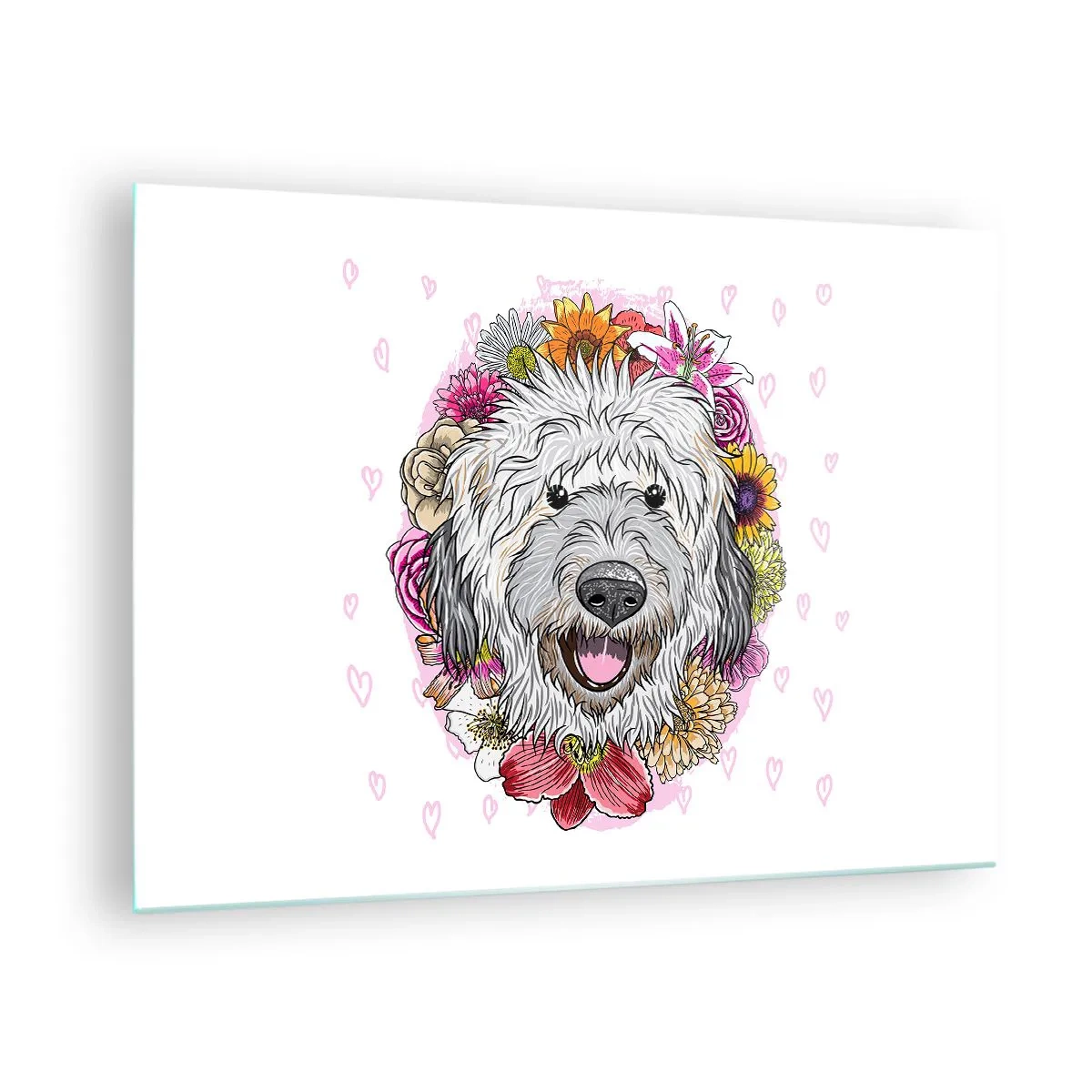 Tablou pe sticlă - Ilustrație a unui câine înconjurat de flori - 70x50cm - Bucuria cățelușului - Decorațiune modernă pentru perete pentru living și dormitor ARTTOR