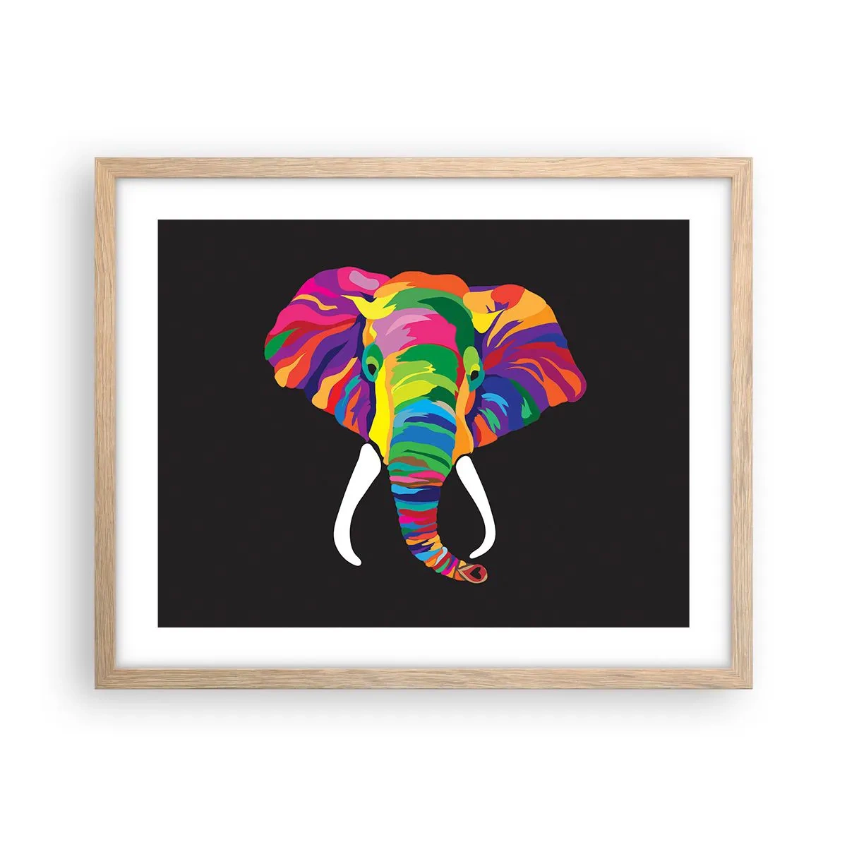 Poster în ramă de stejar deschis - Elefantul căruia îi plăcea să se scalde în curcubeu - 50x40 cm