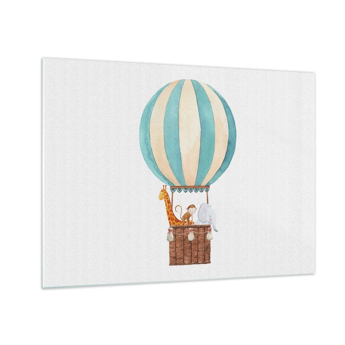 Tablou pe sticlă - Un balon cu o girafă, o maimuță și un elefant pe un fundal alb - 70x50cm - O călătorie fantastică - Decorațiune modernă pentru perete pentru living și dormitor ARTTOR