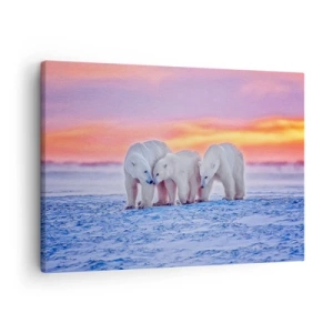 Tablou pe pânză Canvas - Trei urși polari pe fundalul unui apus de soare arctic - 70x50cm - Căldura familiei este suficientă - Decorațiune modernă pentru perete pentru living și dormitor ARTTOR