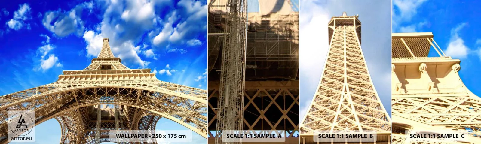 Mostră tapet autocolant Deluxe Sticker - Atingând cerul și norii - Oraș, Paris, turnul Eiffel - 100x30 cm