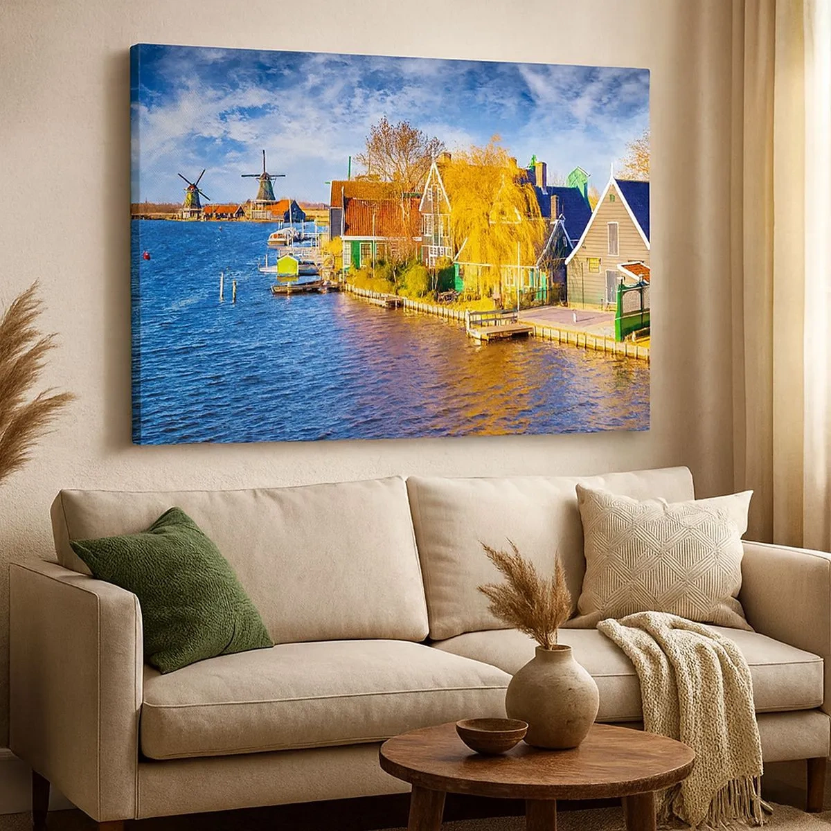 Tablou pe pânză Canvas - Case pitorești și mori de vânt lângă apă - 70x50cm - Neschimbat de secole - Decorațiune modernă pentru perete pentru living și dormitor ARTTOR