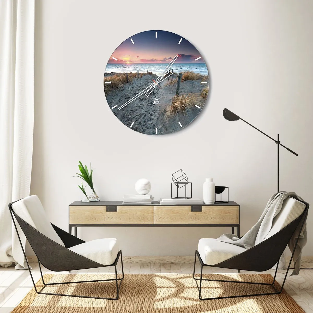 Ceas de perete - Ceas pe sticlă - Intrarea pe plajă la apus cu vedere la mare - 30x30cm - Ai revărsat un curcubeu cu splendoare radiantă... - Decorațiune modernă pentru perete pentru living, bucătărie și dormitor ARTTOR