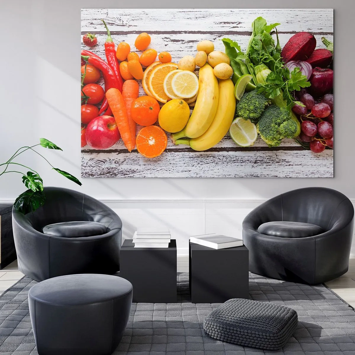 Tablou pe sticlă - Fructe și legume colorate aranjate pe o masă de lemn - 70x50cm - Nu este de ajuns? - Decorațiune modernă pentru perete pentru living și dormitor ARTTOR