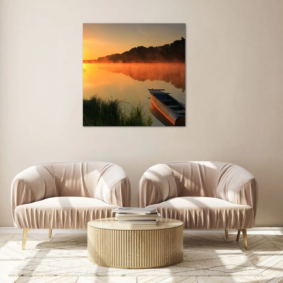Tablou pe sticlă - Răsăritul soarelui peste apă ca un strat de oglindă - 30x30 cm