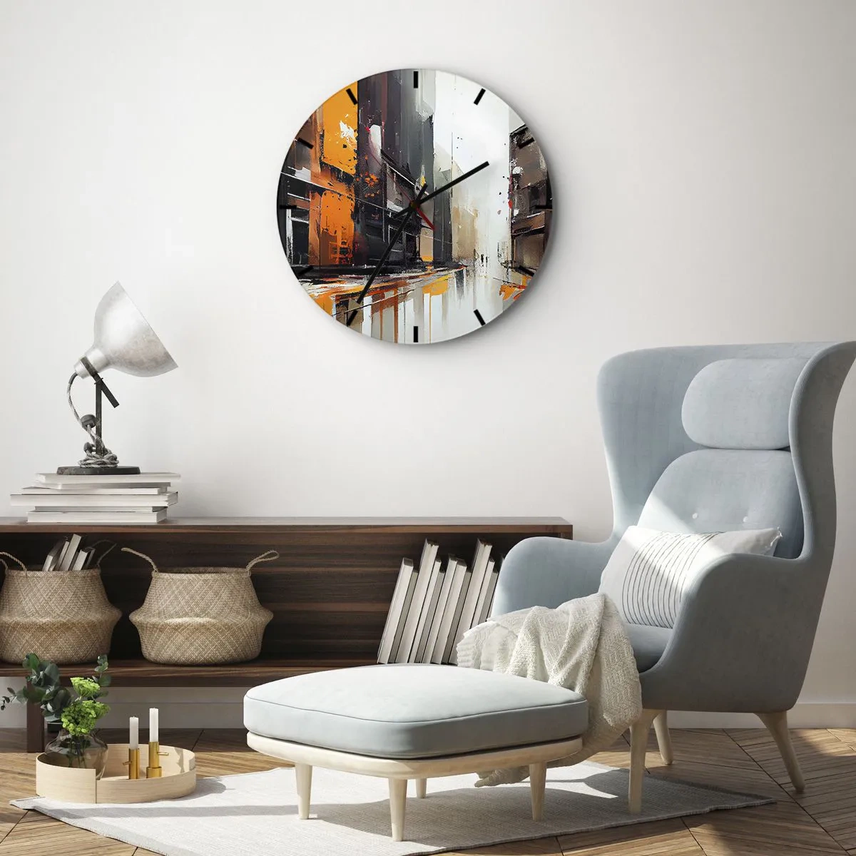 Ceas de perete - Ceas pe sticlă - Scenă stradală abstractă a orașului cu lumină portocalie și ploaie - 30x30cm - O zi ploioasă - Decorațiune modernă pentru perete pentru living, bucătărie și dormitor ARTTOR