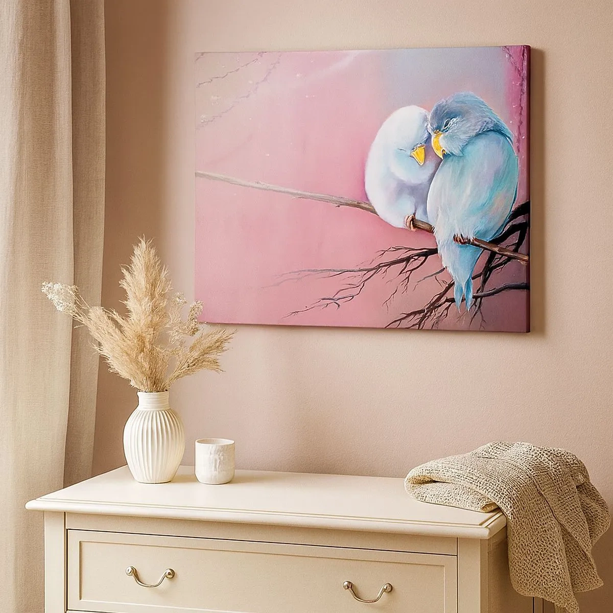 Tablou pe pânză Canvas - Două păsări îndrăgostite pe o ramură pe un fundal roz - 70x50cm - Ce mai este de adăugat?... - Decorațiune modernă pentru perete pentru living și dormitor ARTTOR