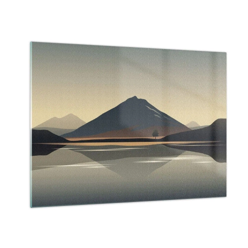 Tablou pe sticlă - Munți și lac în tonuri calde cu efect reflectorizant - 70x50cm - În oglindă - Decorațiune modernă pentru perete pentru living și dormitor ARTTOR