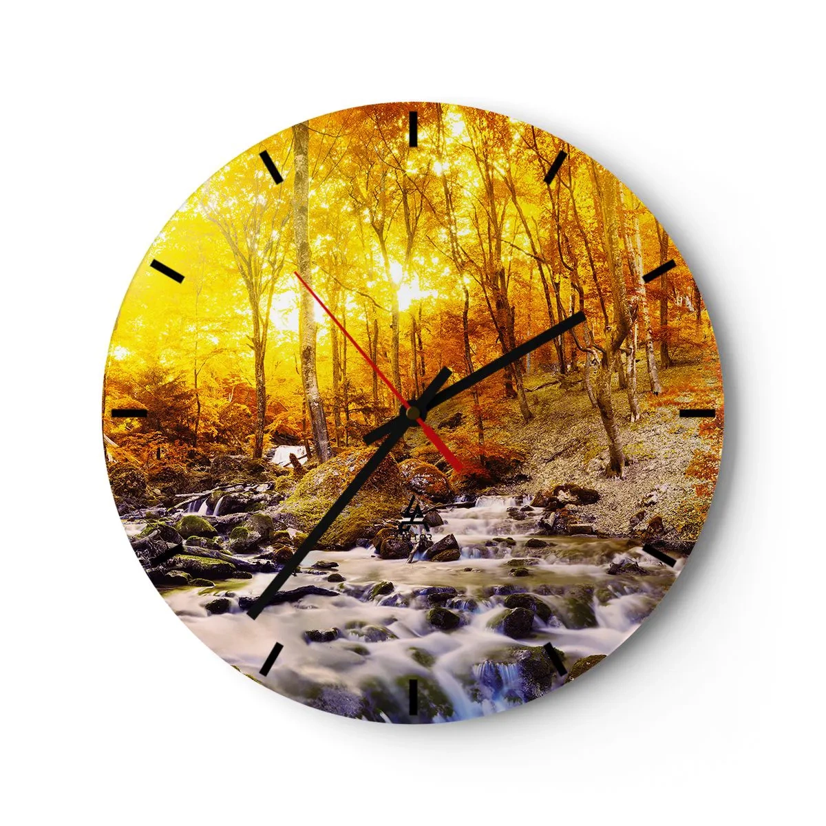 Ceas de perete - Ceas pe sticlă - Pădure de toamnă cu un pârâu repezi printre frunze aurii - 30x30cm - Pietre montate în aur și platină - Decorațiune modernă pentru perete pentru living, bucătărie și dormitor ARTTOR