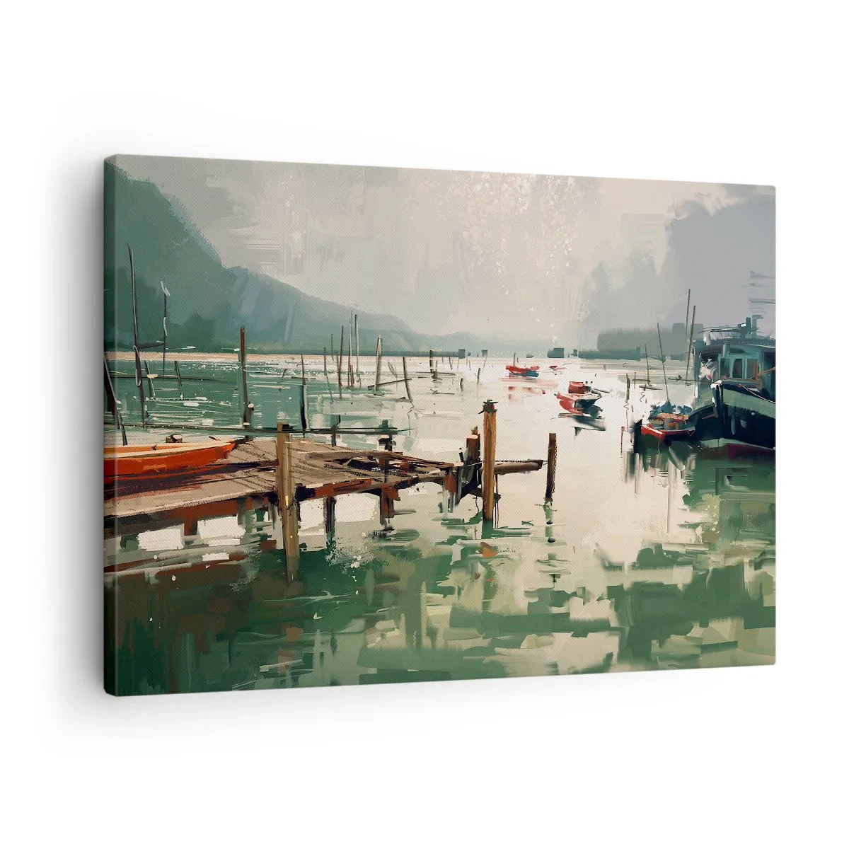 Tablou pe pânză Canvas - Un port pitoresc cu bărci pe ape calme - 70x50cm - Scufundat în luna topită - Decorațiune modernă pentru perete pentru living și dormitor ARTTOR