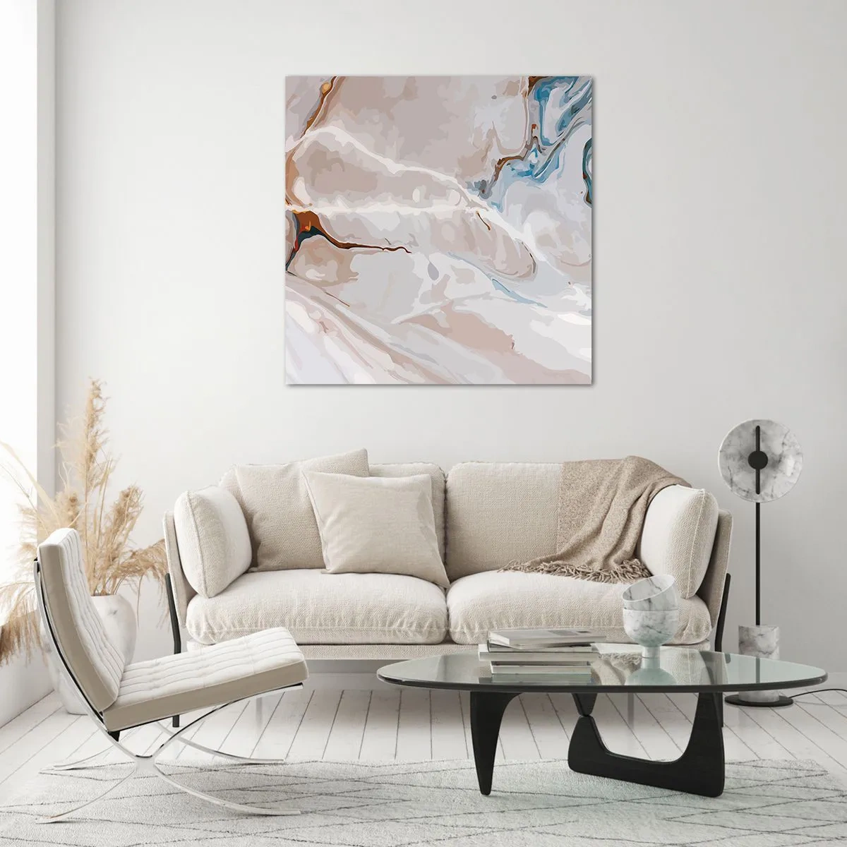 Tablou pe sticlă - Meandre albastre sub alb - 60x60 cm