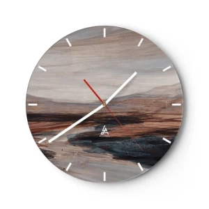 Ceas de perete - Ceas pe sticlă - O vale gri-maronie cu munți în fundal, într-un stil pictural - 30x30cm -  Valea liniștită - Decorațiune modernă pentru perete pentru living, bucătărie și dormitor ARTTOR