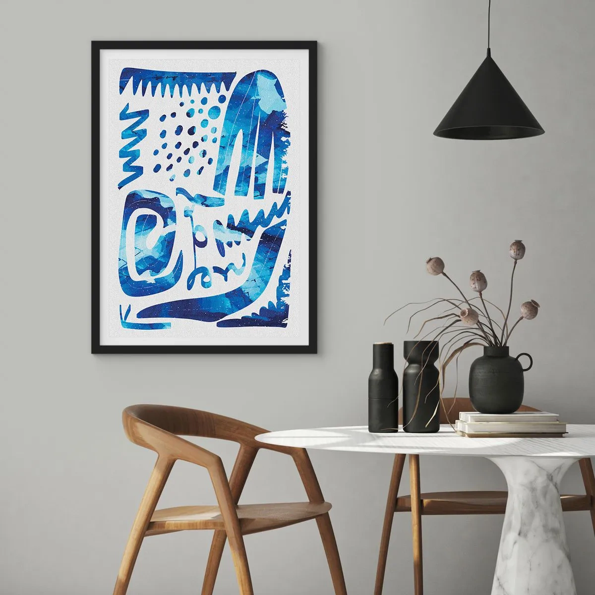 Poster în ramă neagră - Abstracție modernă în nuanțe de albastru - 50x70cm - Înapoi la rădăcini - Decorațiune modernă pentru perete pentru living și dormitor ARTTOR