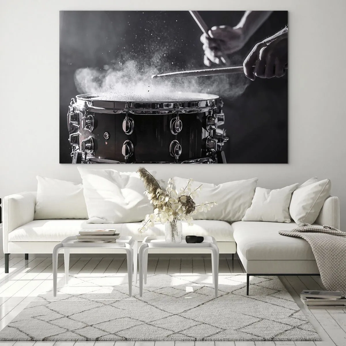 Tablou pe sticlă - Tobe în mișcare cu pulbere plutitoare - 70x50cm - Pulsul muzicii - Decorațiune modernă pentru perete pentru living și dormitor ARTTOR