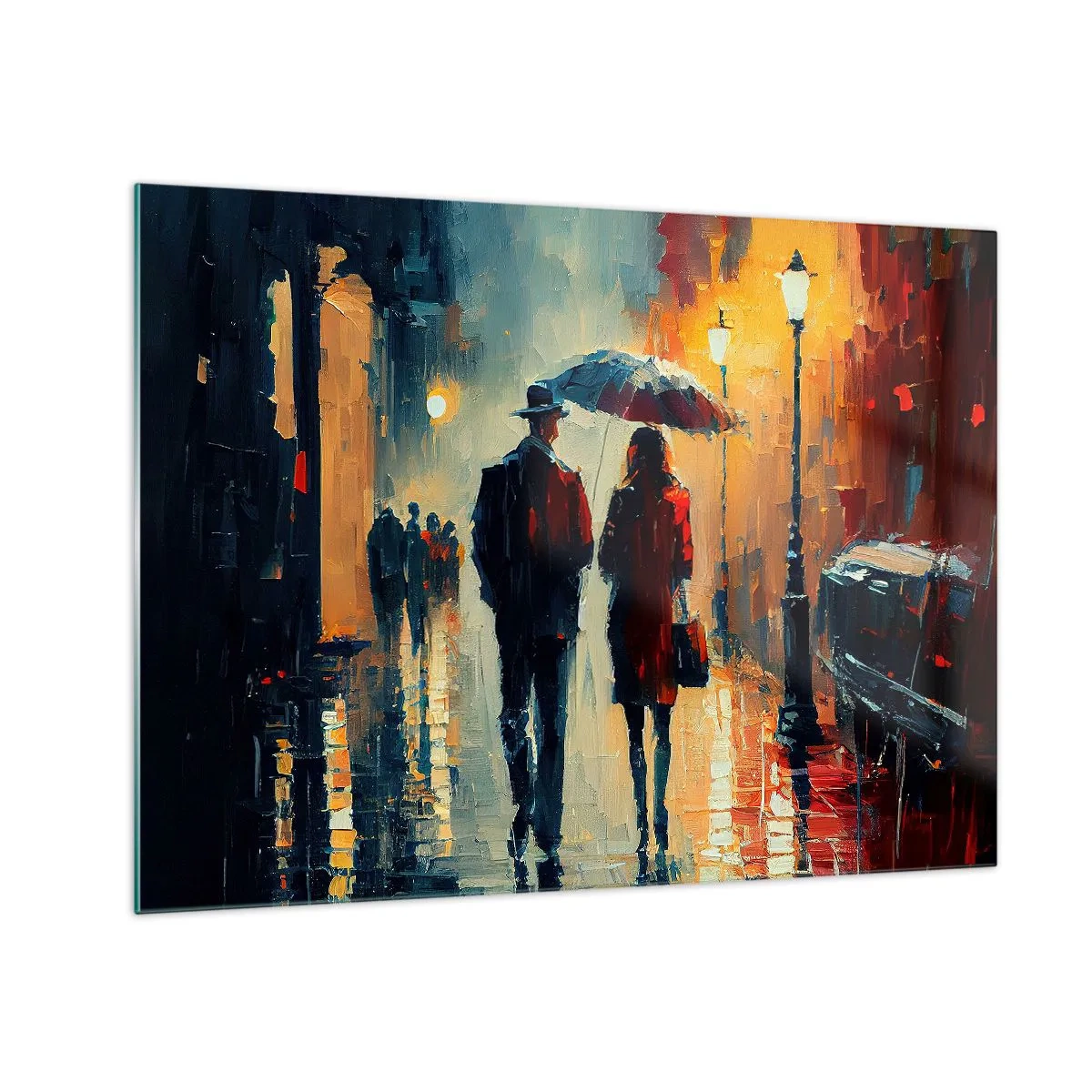 Tablou pe sticlă - Un cuplu cu o umbrelă mergând pe o stradă udă noaptea. - 70x50cm - Poveste de dragoste urbană - Decorațiune modernă pentru perete pentru living și dormitor ARTTOR