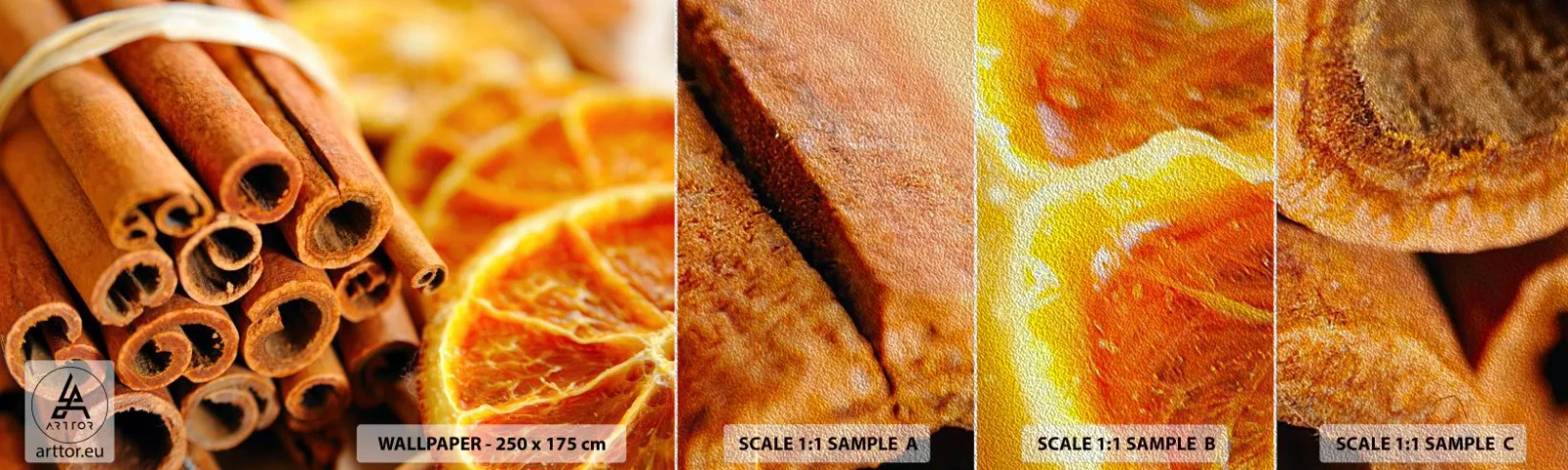 Mostră tapet Premium Sand - Poți să le simți aroma? - Portocale, Bat de scortisoara, Condimente - 100x30 cm