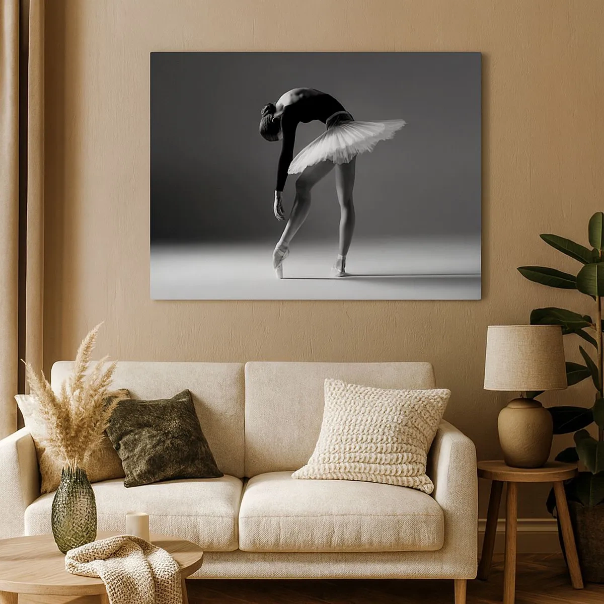 Tablou pe pânză Canvas - O balerină într-o poză elegantă pe un fundal alb-negru - 70x50cm - Bella balerina - Decorațiune modernă pentru perete pentru living și dormitor ARTTOR
