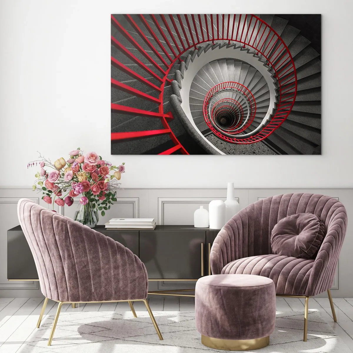 Tablou pe sticlă - Scară spiralată cu balustrade roșii în perspectivă - 70x50cm - Jocuri arhitecturale - Decorațiune modernă pentru perete pentru living și dormitor ARTTOR