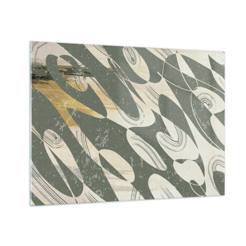 Tablou pe sticlă - O compoziție verde și bej cu forme organice dinamice - 70x50cm - Abstracție ritmică - Decorațiune modernă pentru perete pentru living și dormitor ARTTOR