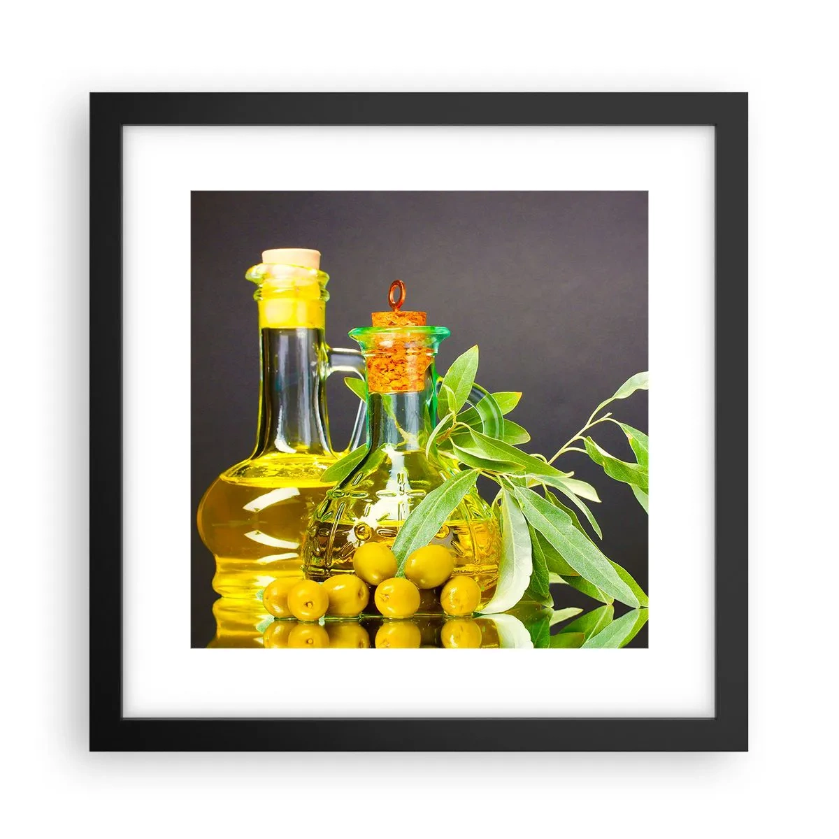 Poster în ramă neagră - Natură moarte cu măsline și ulei - 30x30 cm