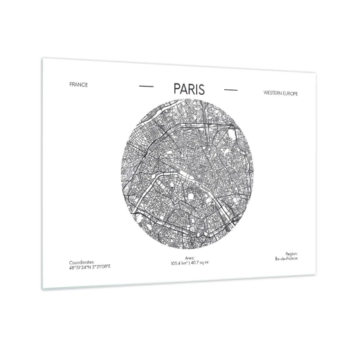 Tablou pe sticlă - O hartă circulară a Parisului în ilustrație alb-negru - 70x50cm - Anatomia Parisului - Decorațiune modernă pentru perete pentru living și dormitor ARTTOR