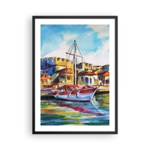 Poster în ramă neagră - O pictură în acuarelă colorată a unui iaht într-un oraș de coastă - 50x70cm - Curcubeu după-amiază - Decorațiune modernă pentru perete pentru living și dormitor ARTTOR